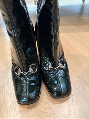 Gucci Dark Green Patent Mid-Calf Heeled Boots with Silver Horsebit